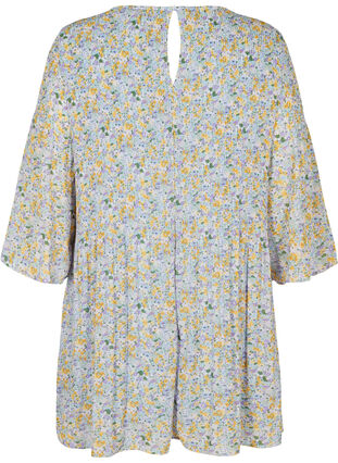 Pleated tunic with floral print and 3/4 sleeves, Purple Yellow AOP, Packshot image number 1