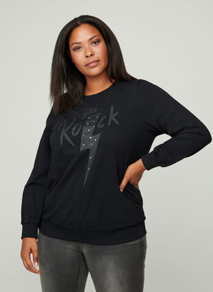 Cotton sweatshirt with a print on the chest, Black w. Black, Model image number 0