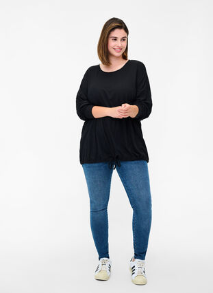 Ribbed fabric blouse with drawstring, Black, Model image number 2
