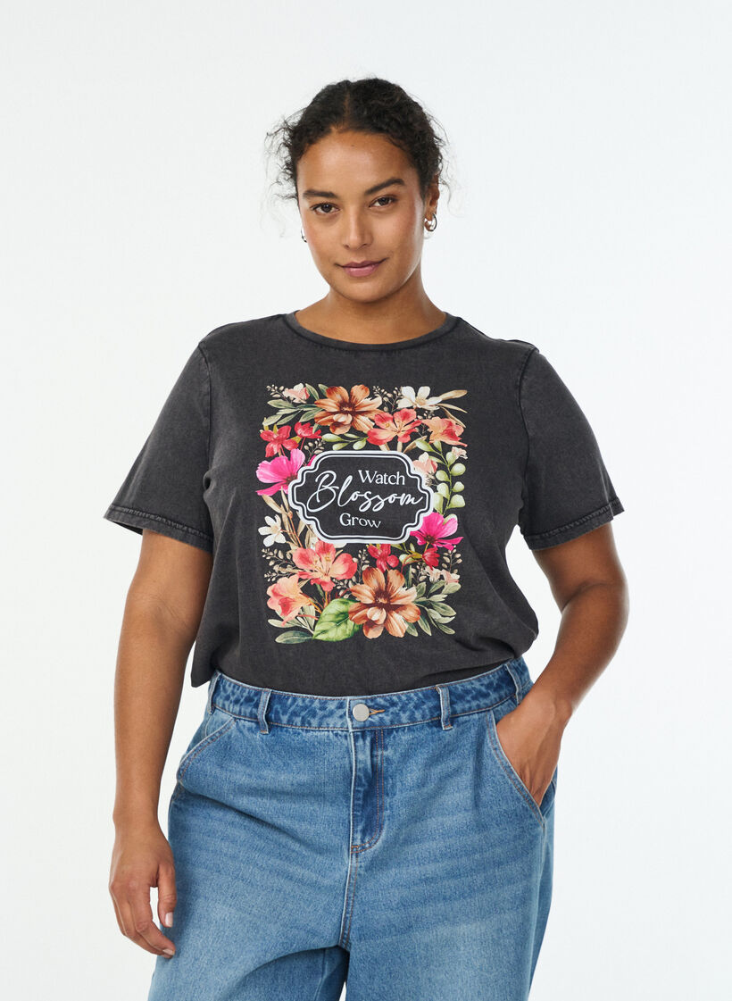 Organic cotton t-shirt with print, Dark Grey, Model