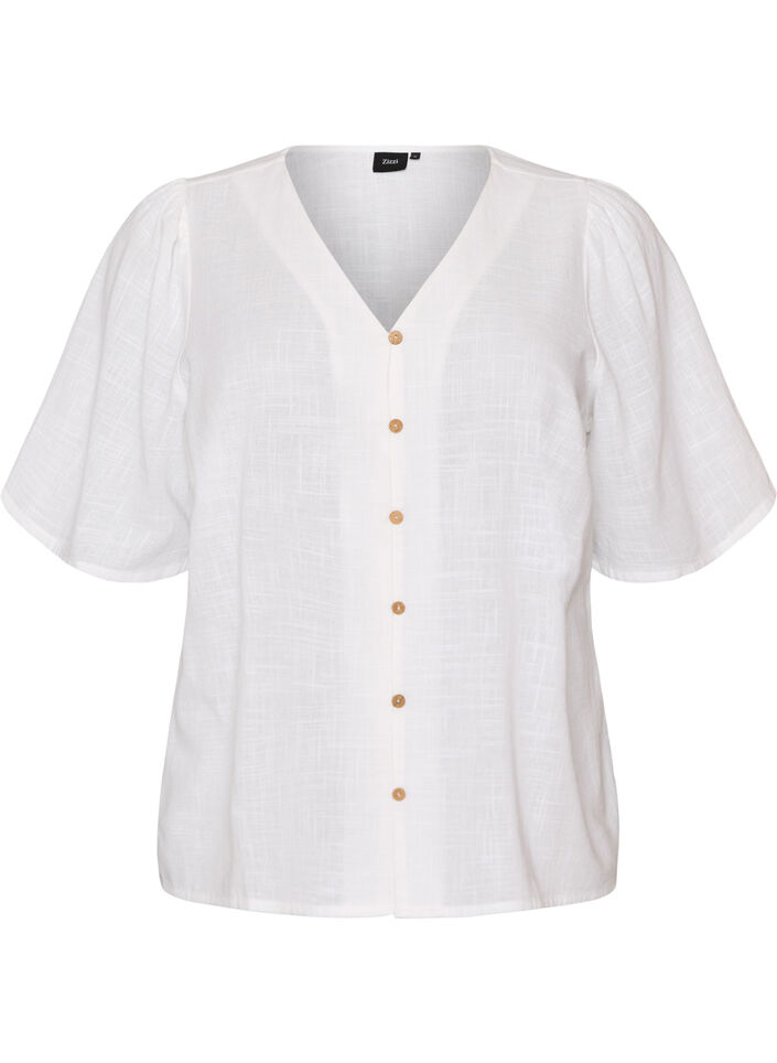 Short-sleeved cotton shirt with a V-neck, White, Packshot image number 0