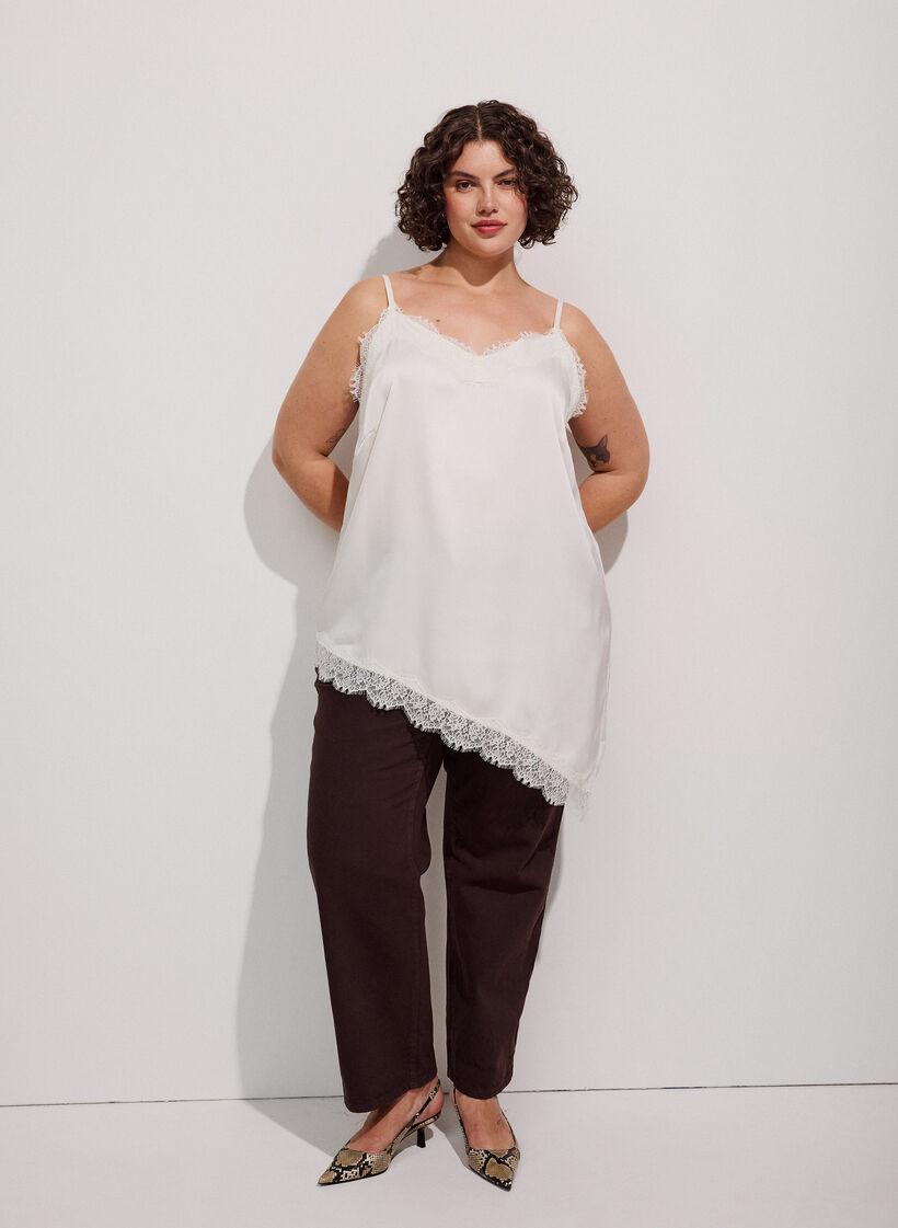 Strappy top with lace and an asymmetrical hem, Vanilla, Model image number 1