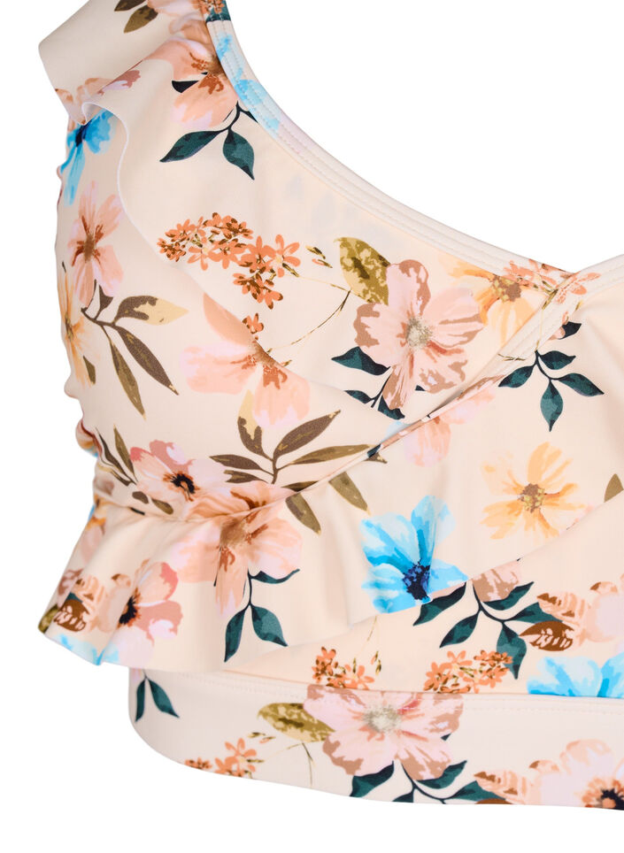 Bikini top with print and ruffle details, Beige, Packshot image number 2