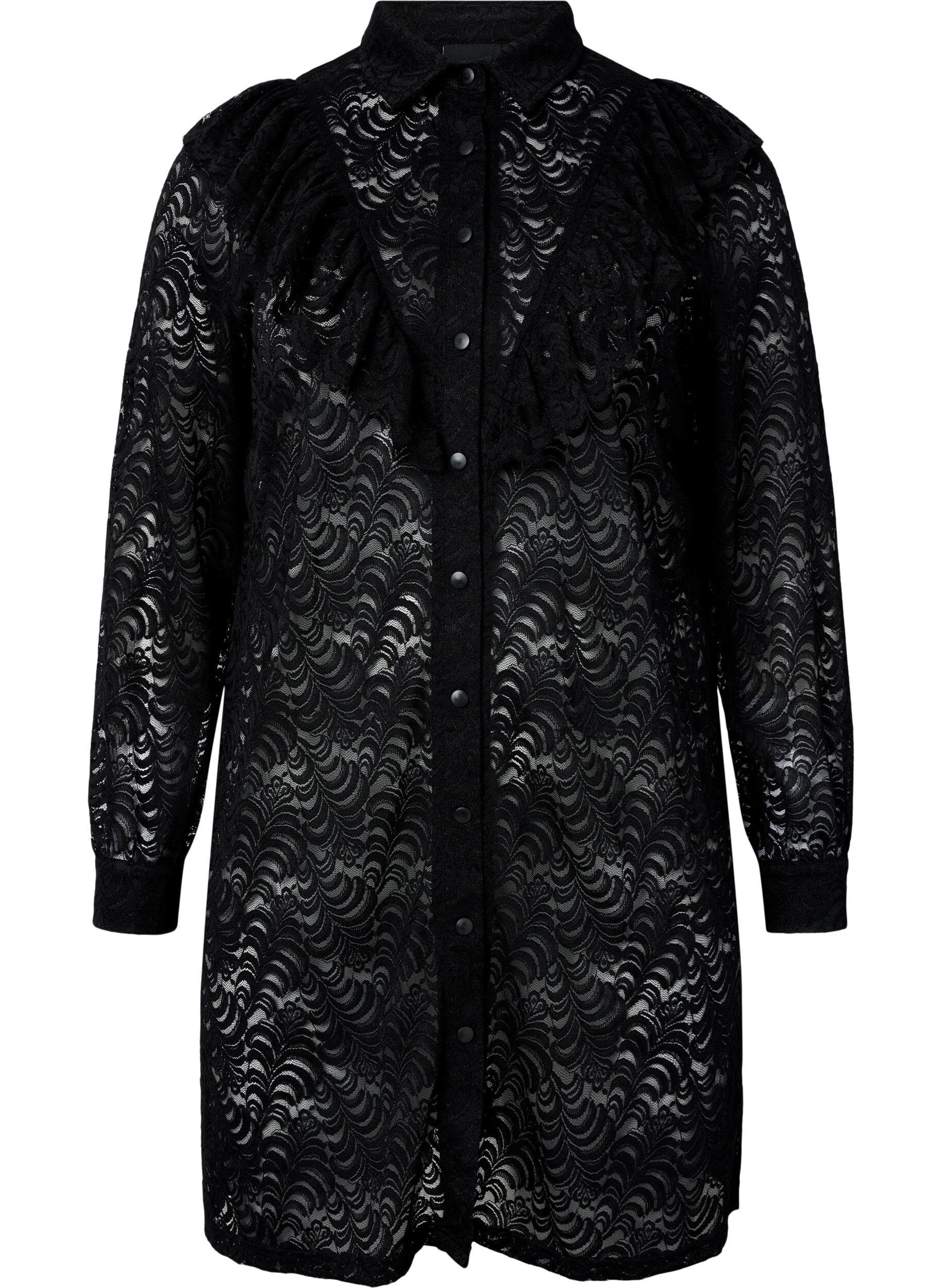 Zizzifashion Lace shirt dress with frills, Black, Packshot image number 0