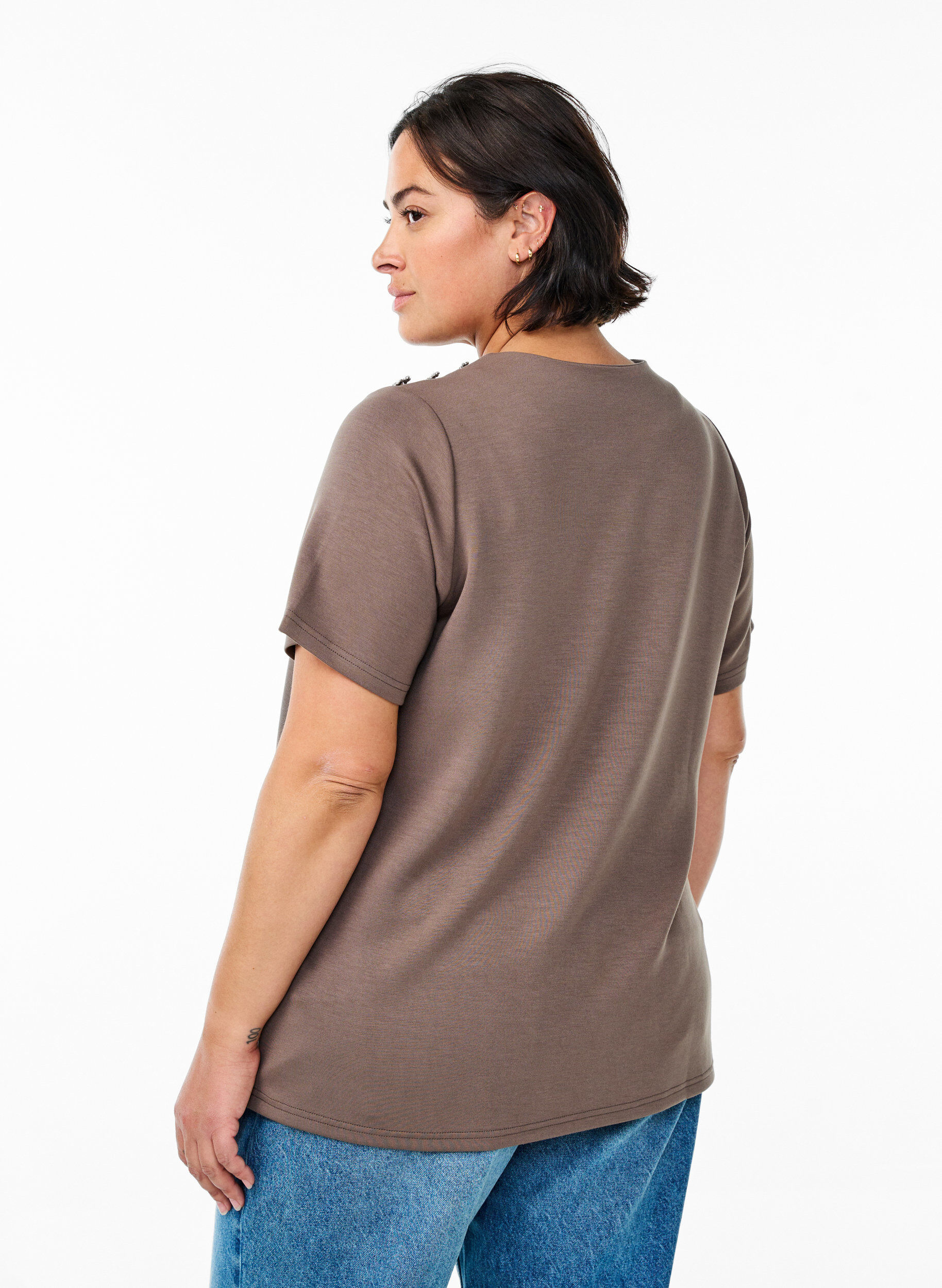 Zizzifashion Short sleeve blouse with a button detail, Brown, Model image number 2