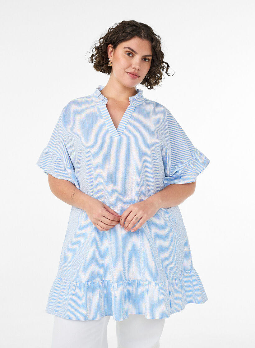 Cotton tunic with stripes and ruffle details, Light Blue, Model image number 0
