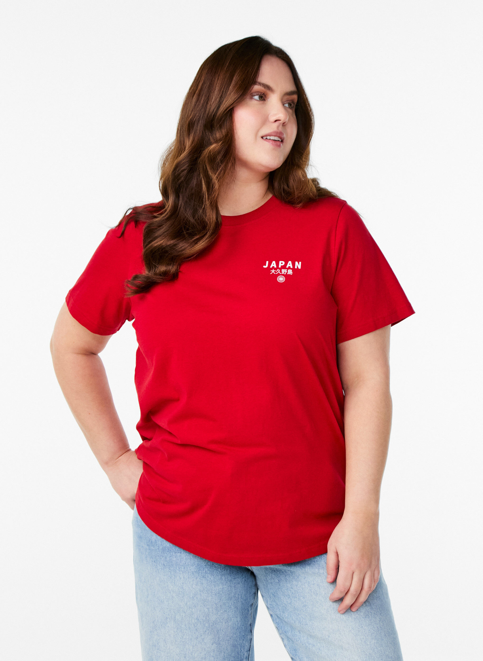 T-shirt with text print and round neck, Red, Model