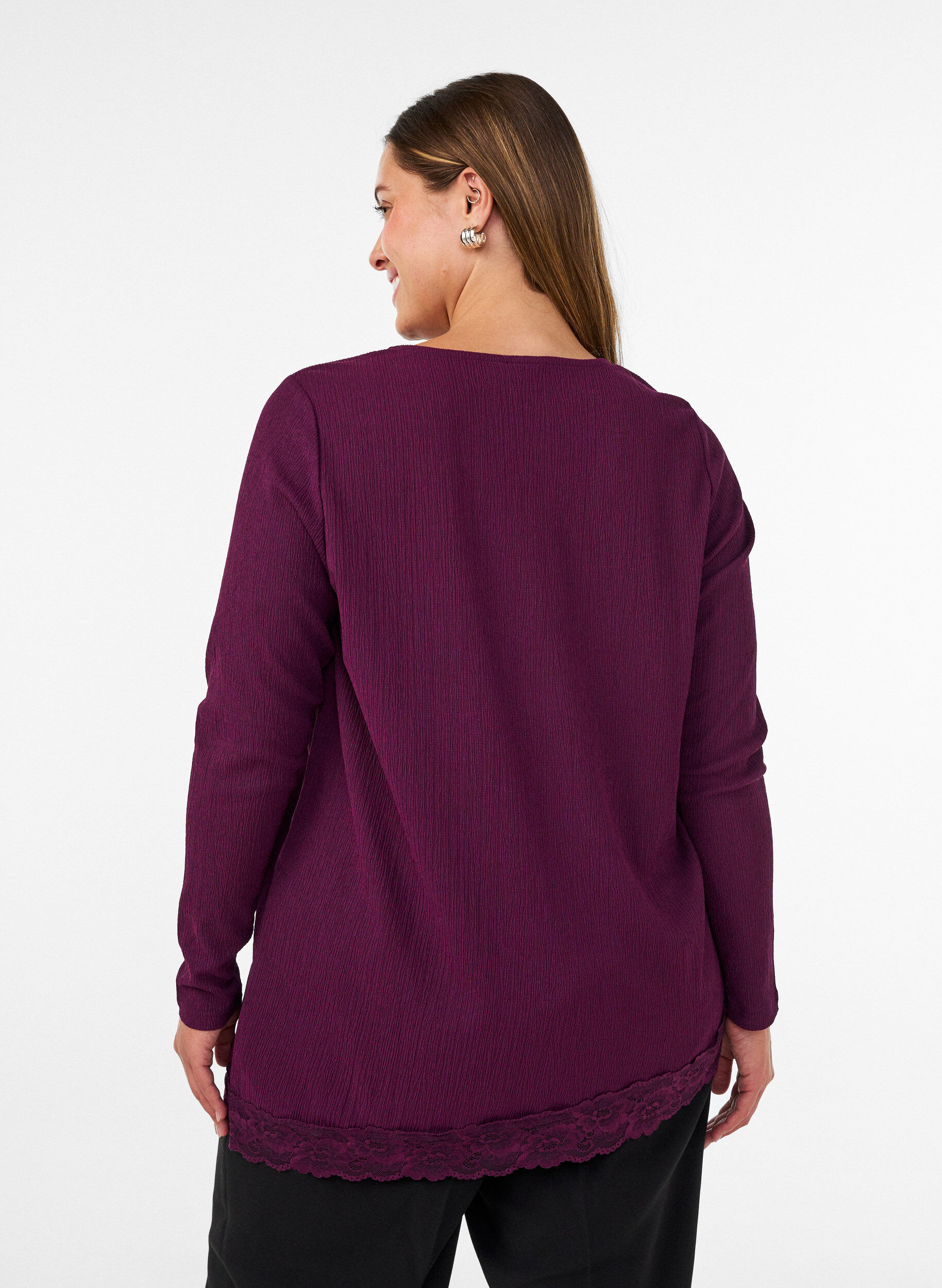 ZizzifashionJersey blouse with asymmetrical lace trim, Purple, Model image number 2