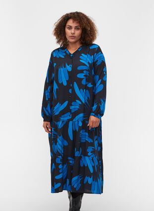 Printed viscose midi dress with buttons, Dark Blue AOP, Model image number 0