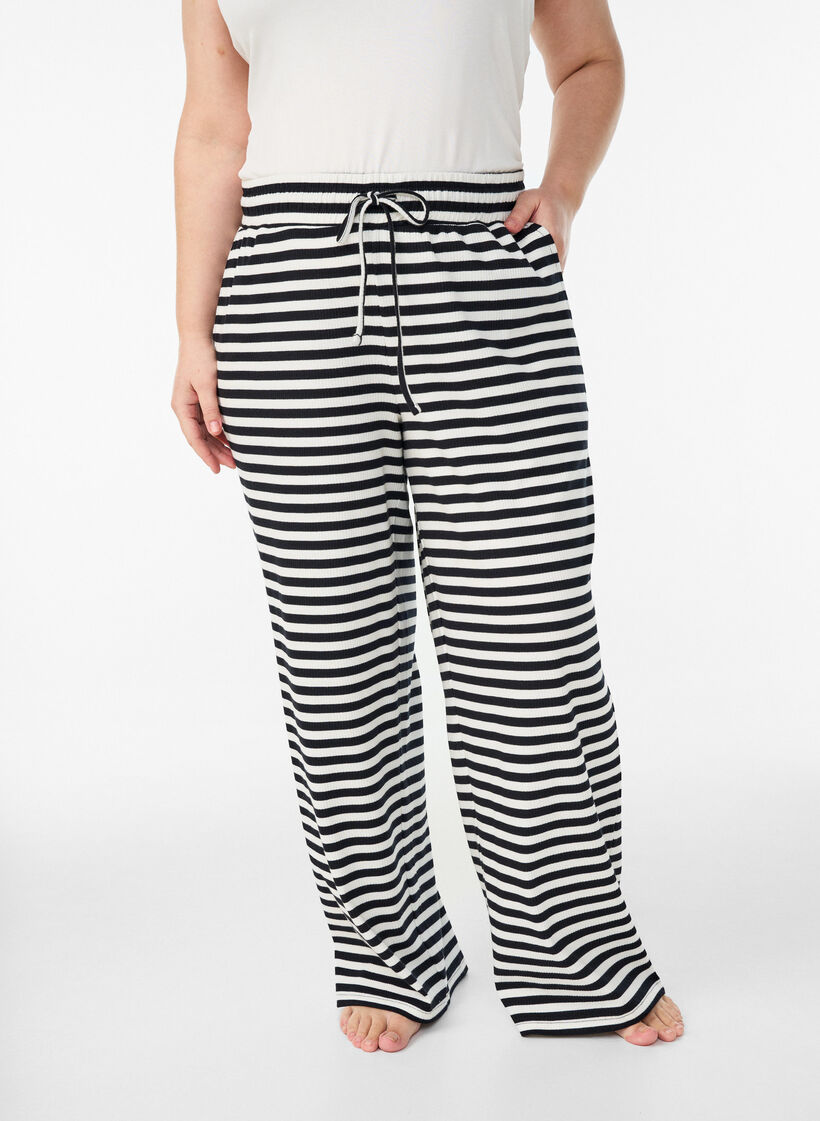 Striped pyjama trousers with a high waist and wide legs, Black, Image image number 0