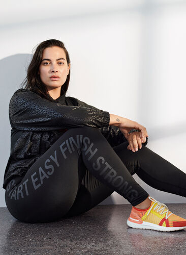 Cropped sports leggings with printed text, Black, Image image number 1