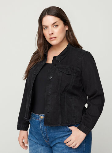 Short denim jacket with frayed hem, Black, Model image number 0