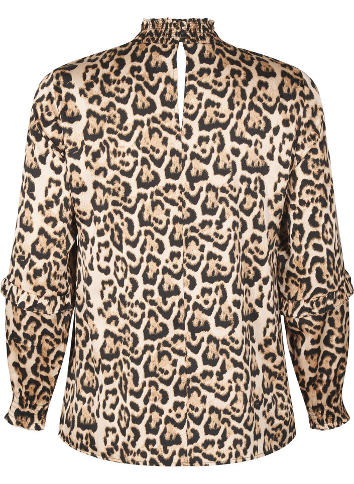 Smocked leopard print blouse, Brown, Packshot image number 1