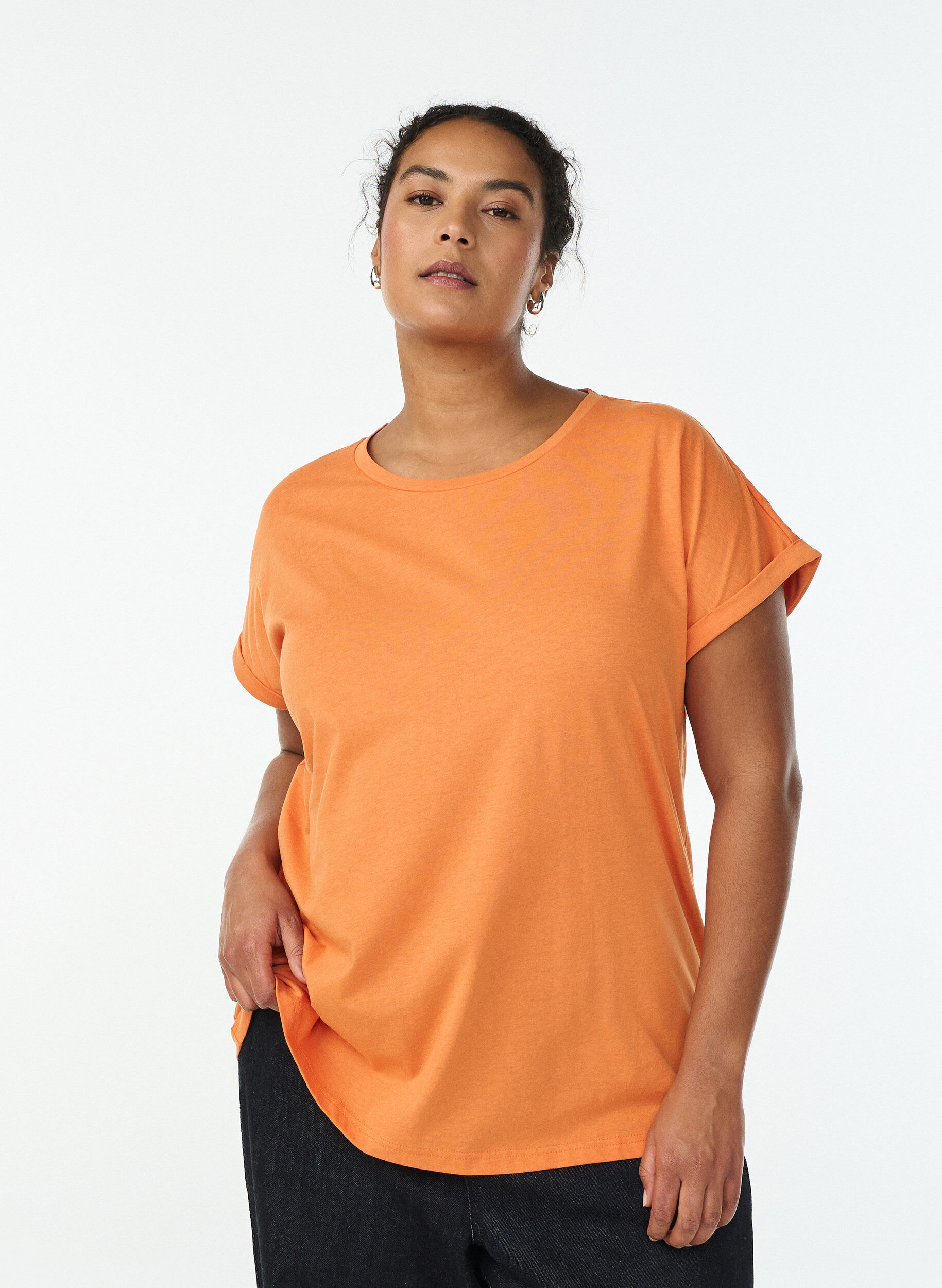 Short-sleeved cotton blend t-shirt, Orange, Model