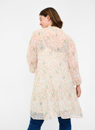 Floral print tunic with 3/4 sleeves, Off White Flower, Model image number 1