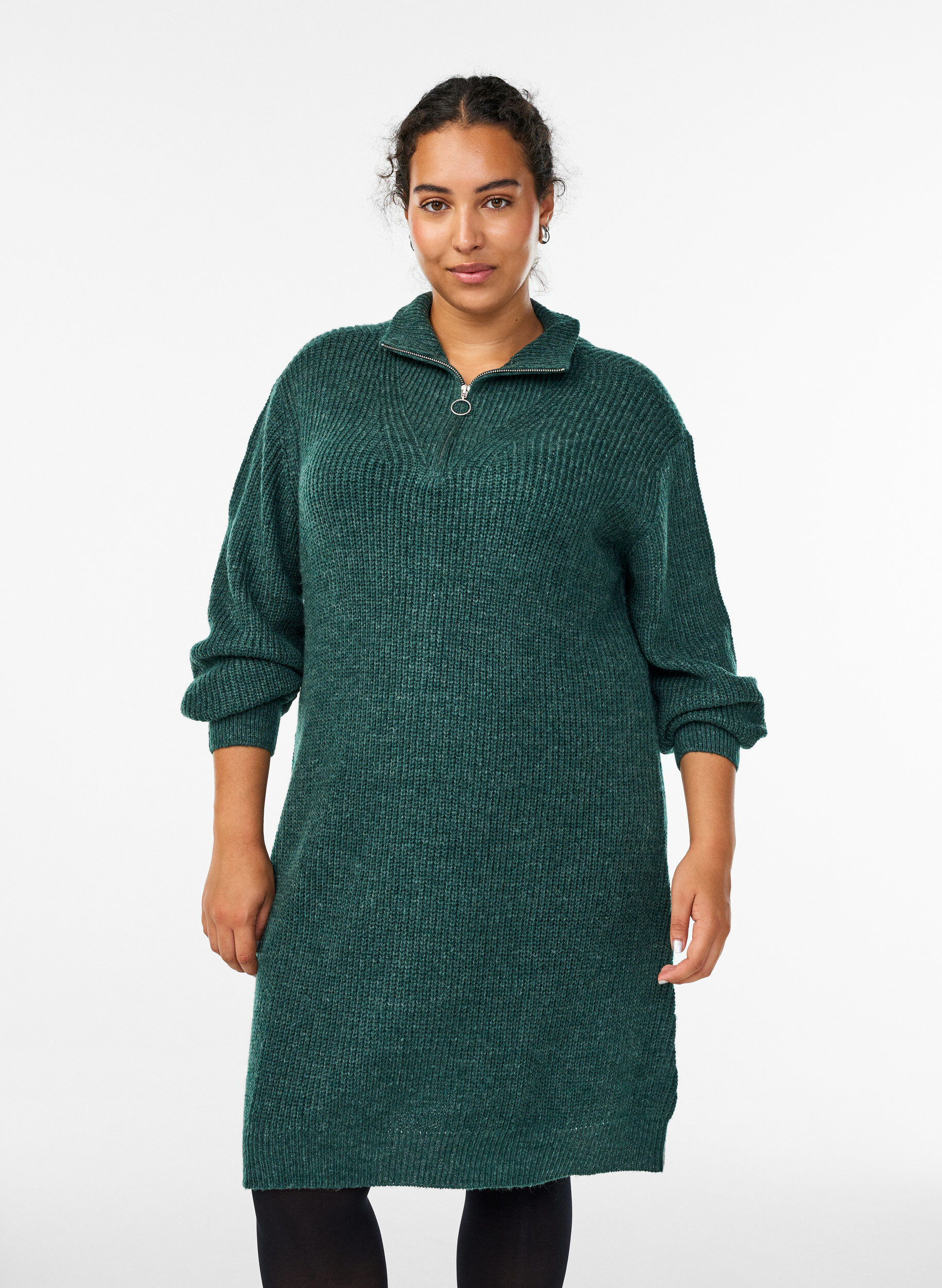 FLASH - Short knit dress with high neck, Green, Model