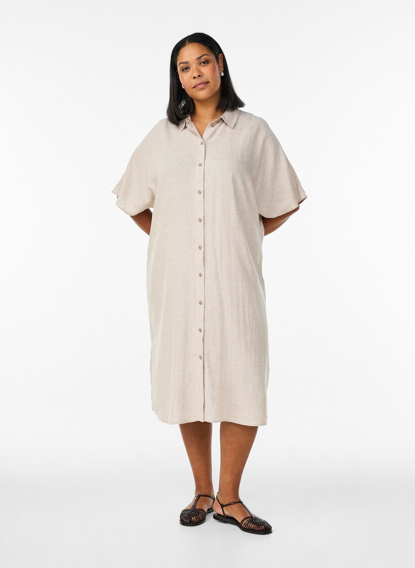 Shirt dress in linen and viscose with short sleeves, Beige, Model image number 1