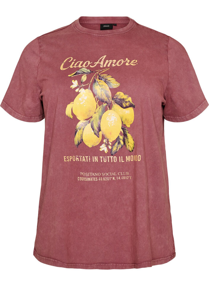 Cotton T-shirt with front print and a washed look, Red, Packshot image number 0