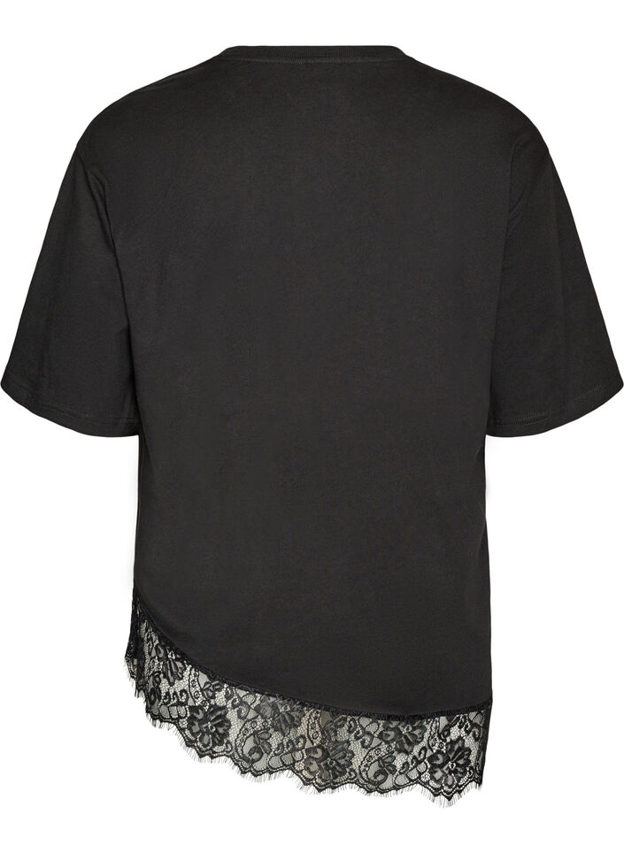 T-shirt with asymmetric lace hem, Black, Packshot image number 1