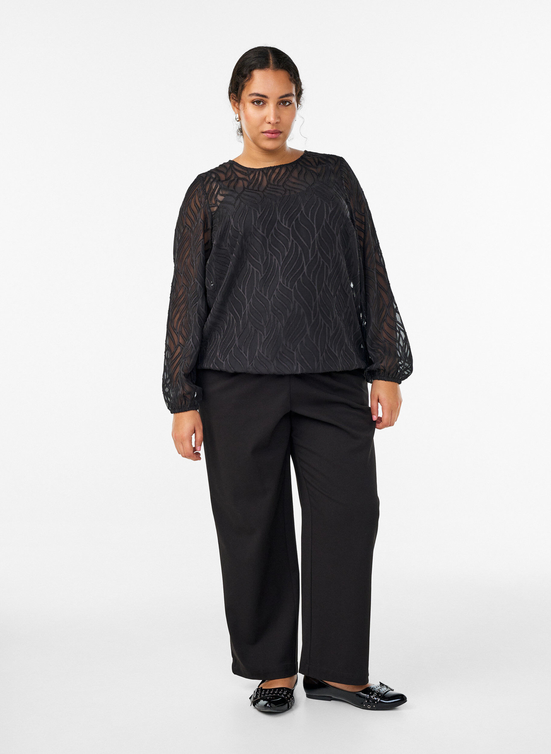 Zizzifashion Chiffon blouse with a textured pattern, Black, Model image number 1