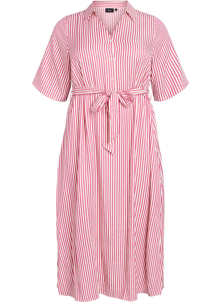 Ankle-length shirt dress with tie belt and stripes, Pink, Packshot image number 0