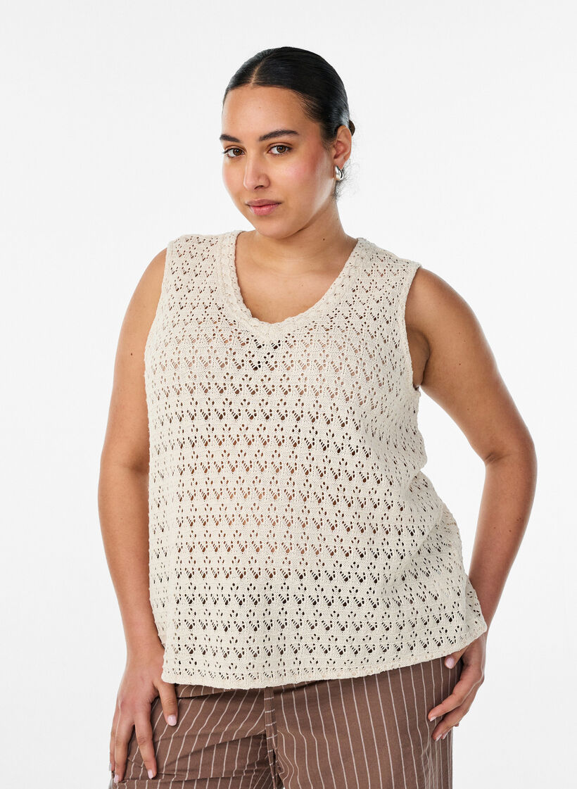 Sleeveless blouse with eyelet embroidery and V-neck, Beige, Model image number 0