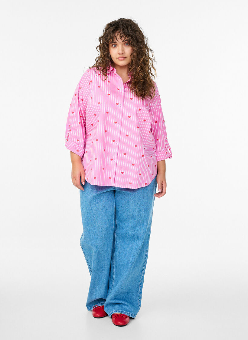 Shirt blouse with stripes and hearts, Pink, Model image number 1