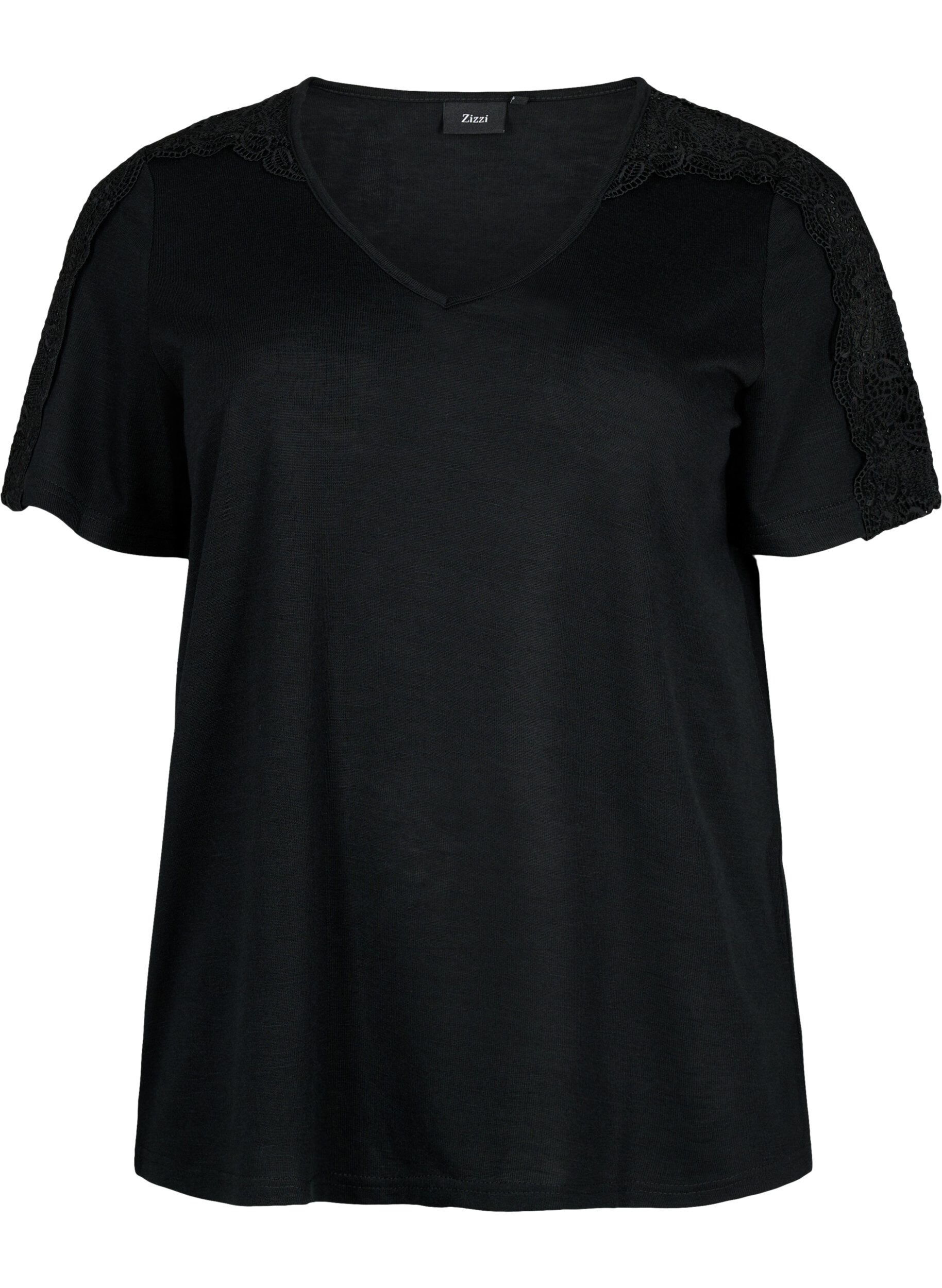 Zizzifashion Short-sleeved blouse with lace and v-neck, Black, Packshot image number 0