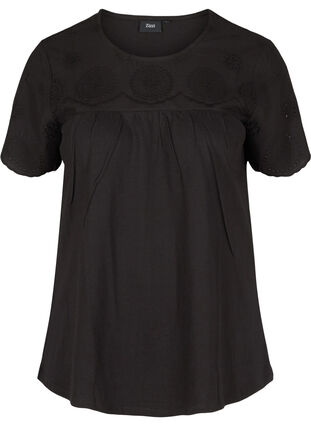 Short-sleeved blouse with broderie anglaise, Black, Packshot image number 0
