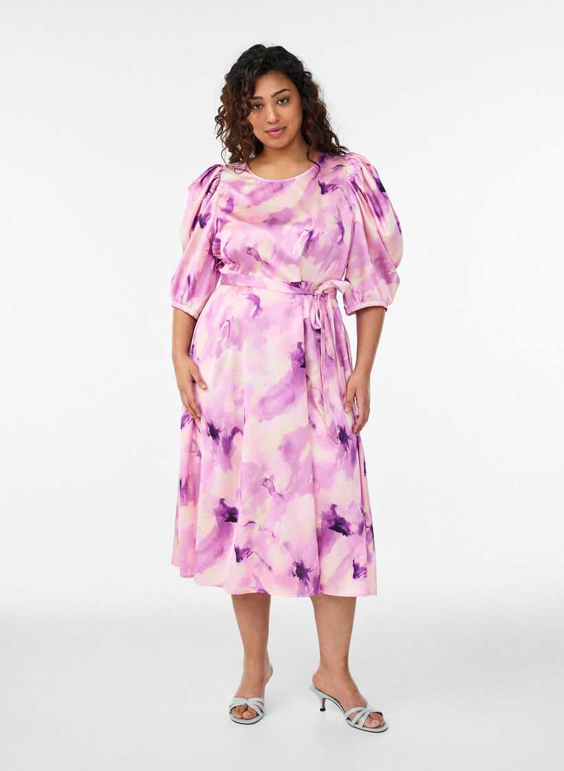 Short-sleeved party dress with tie-belt, Purple, Model image number 0