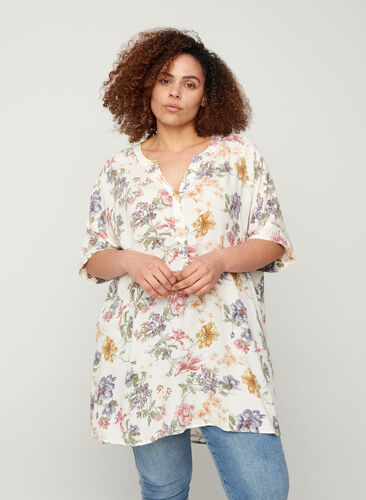 Short-sleeved viscose tunic with print, Creme Vintage Flower, Model image number 0