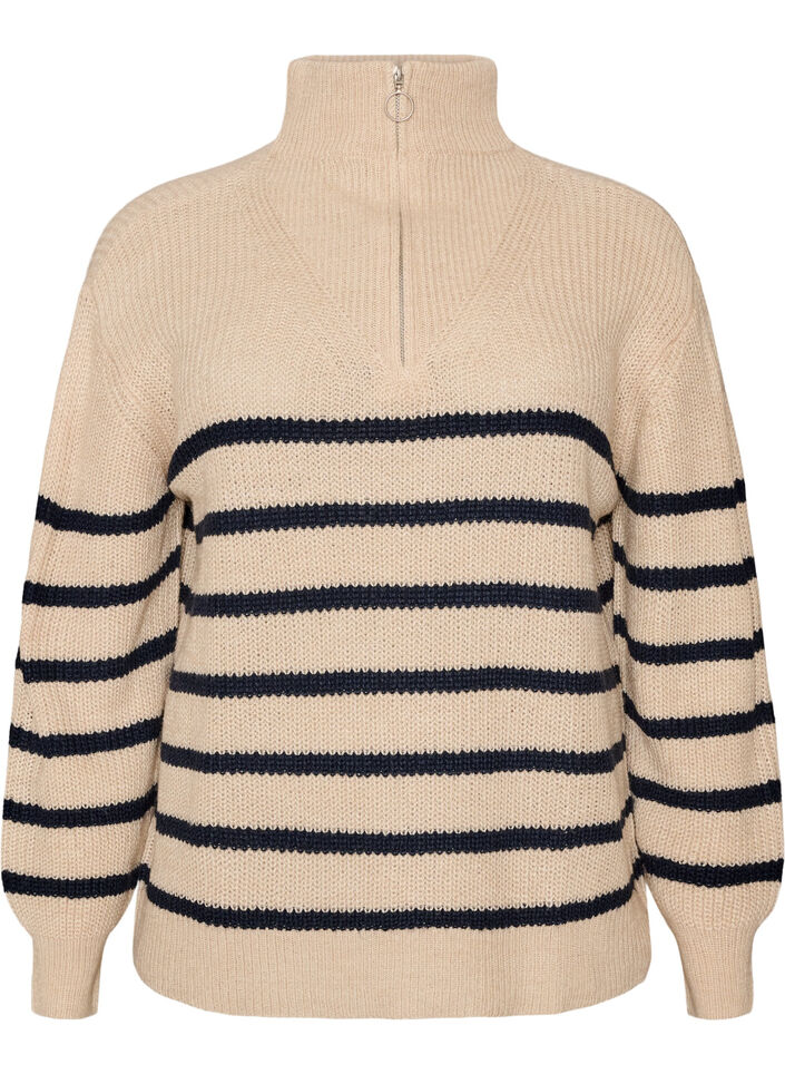Knitted sweater with high neck and zipper, Vanilla, Packshot image number 0