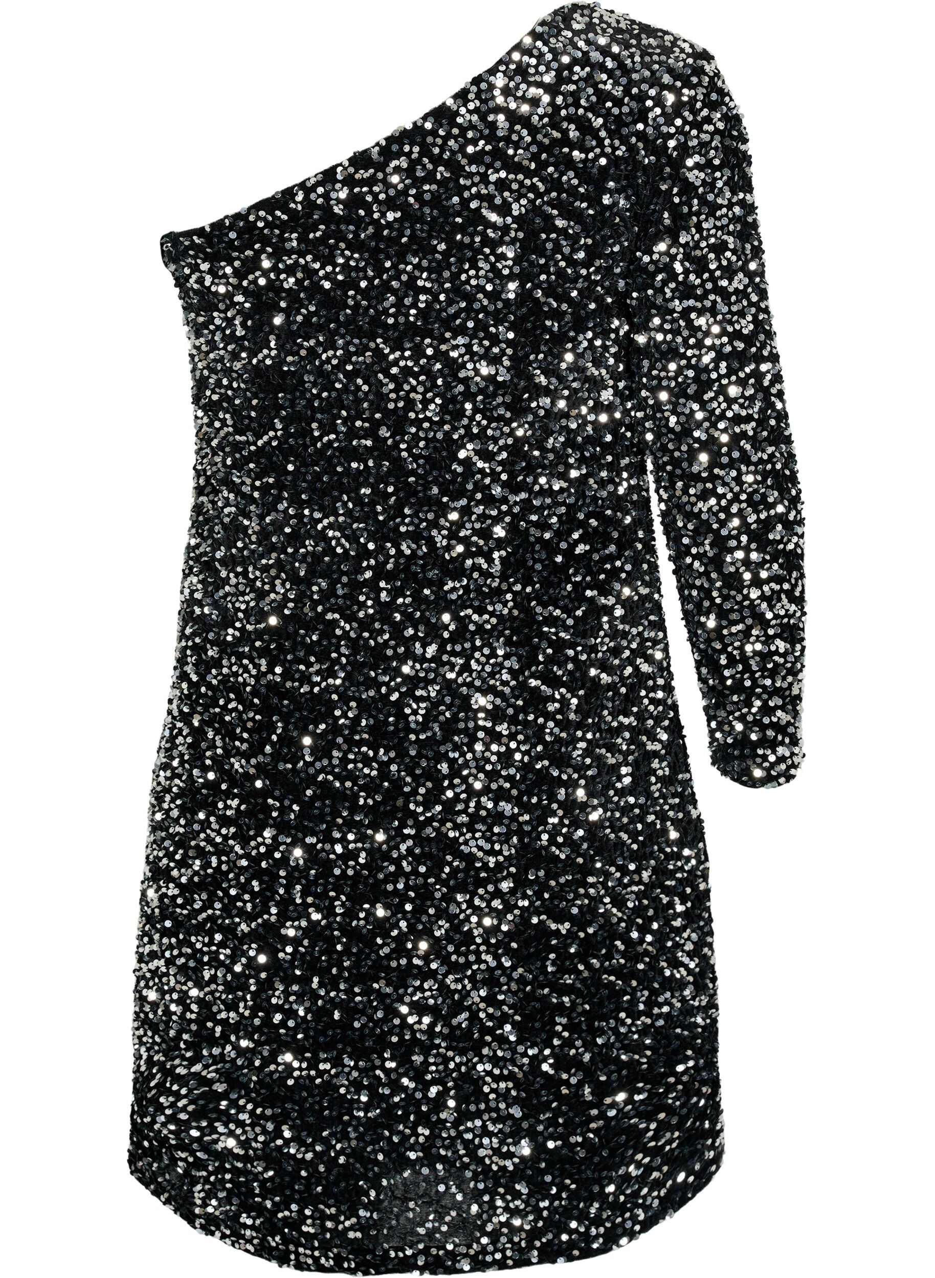 Zizzifashion Short one-shoulder dress with sequins, Black/Silver Sequins, Packshot image number 1