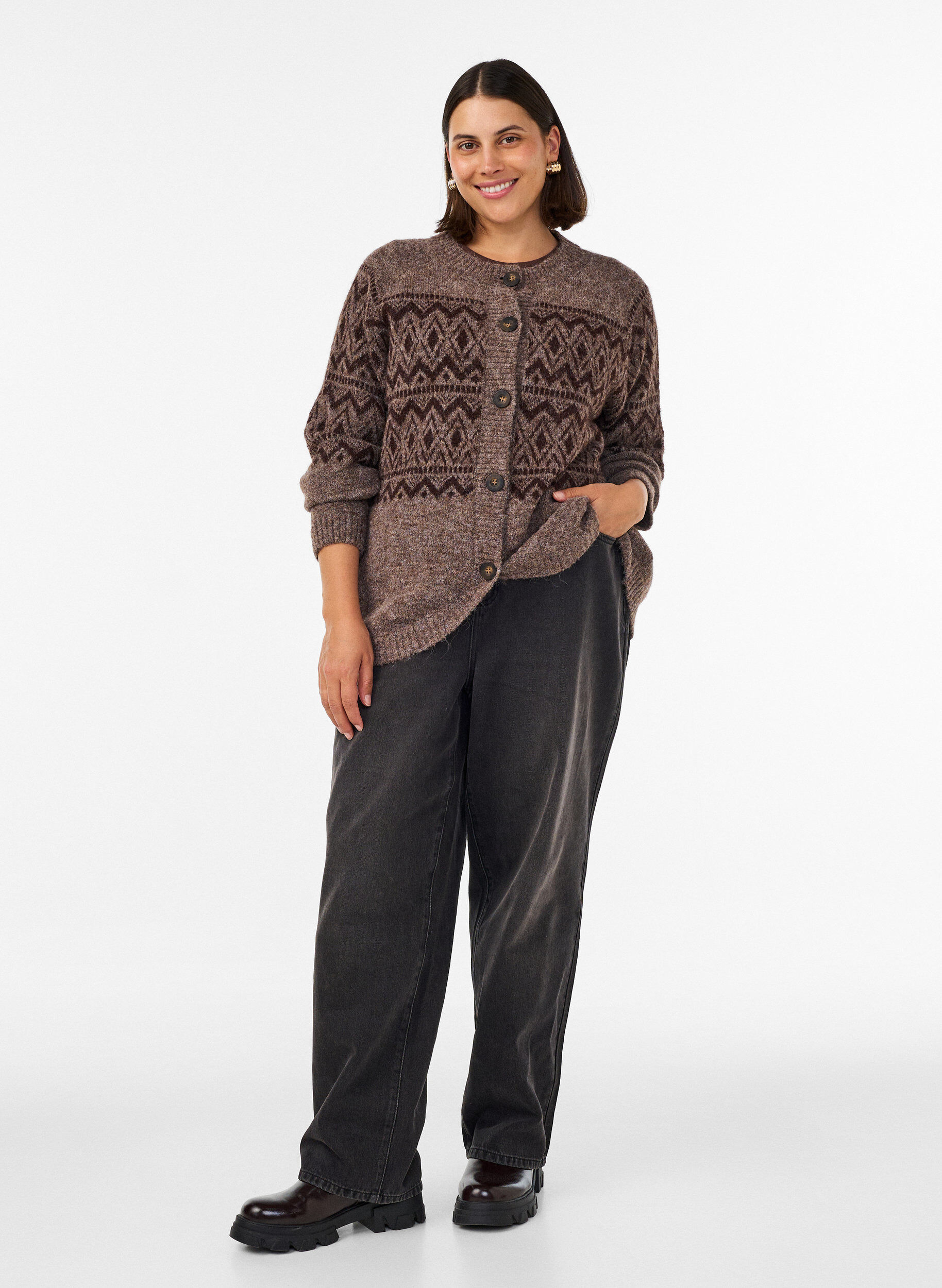 ZizzifashionJacquard pattern cardigan, Brown, Model image number 1