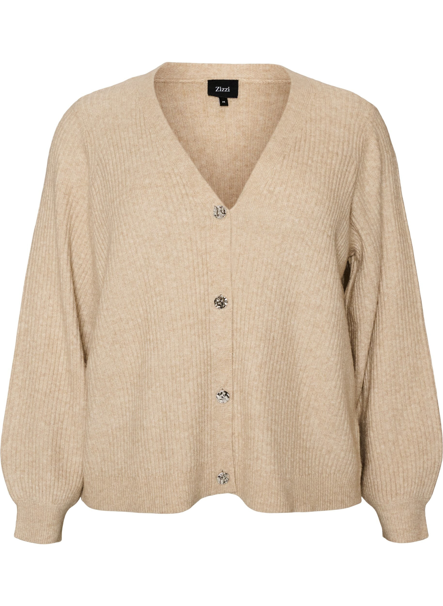 ZizzifashionCardigan with V-neck and ribbed texture, Beige, Packshot image number 0