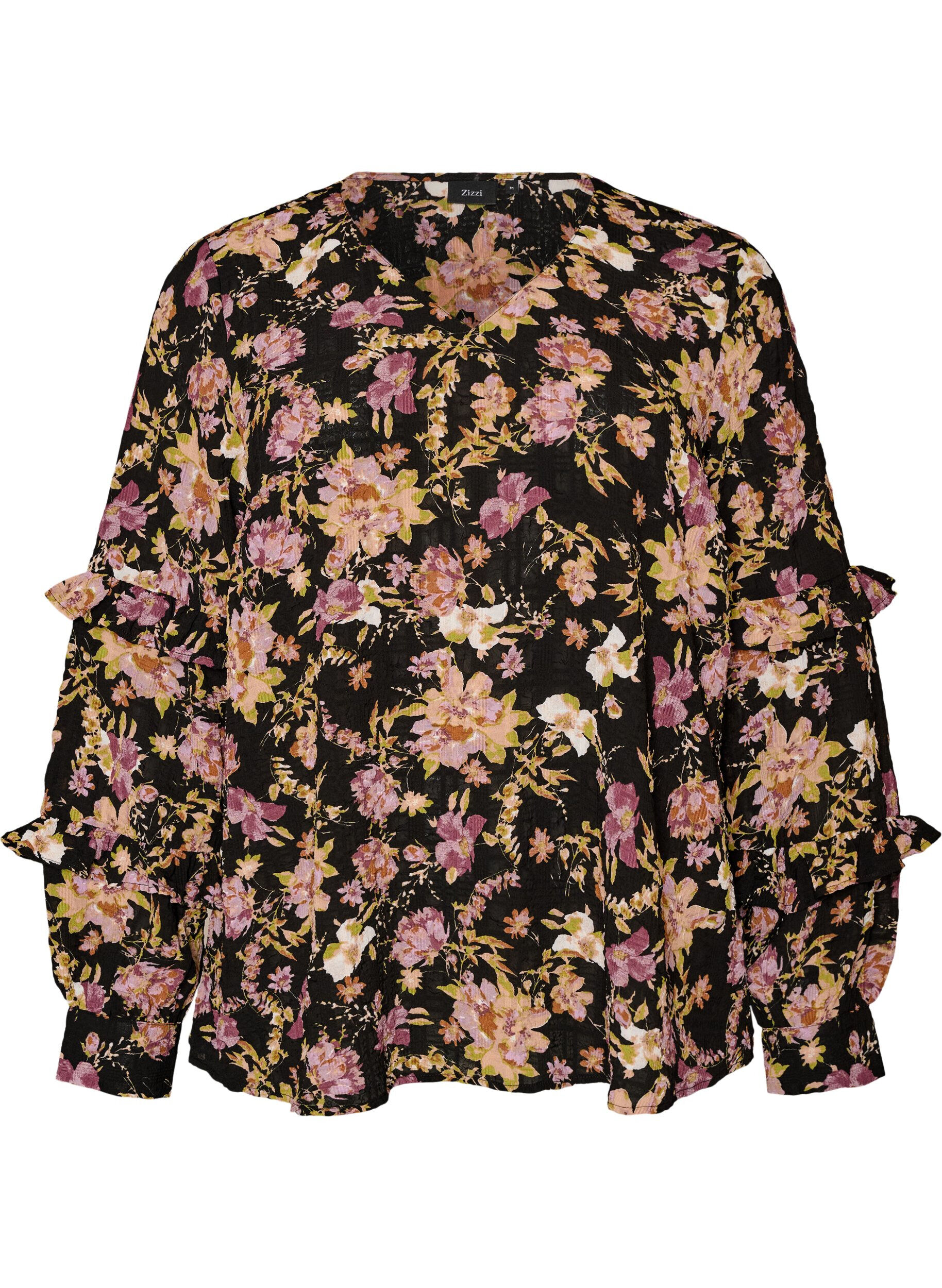 ZizzifashionBlouse with floral print and ruffle details, Black, Packshot image number 0