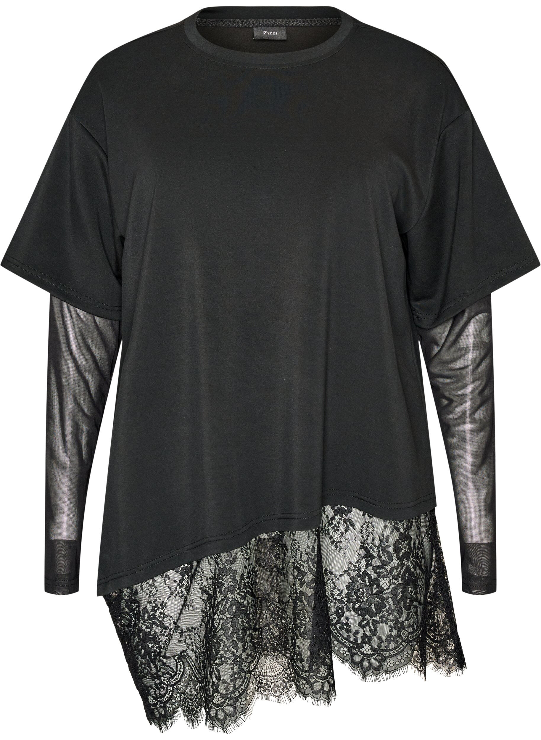 ZizzifashionBlouse with mesh sleeves and lace trim, Black, Packshot image number 0