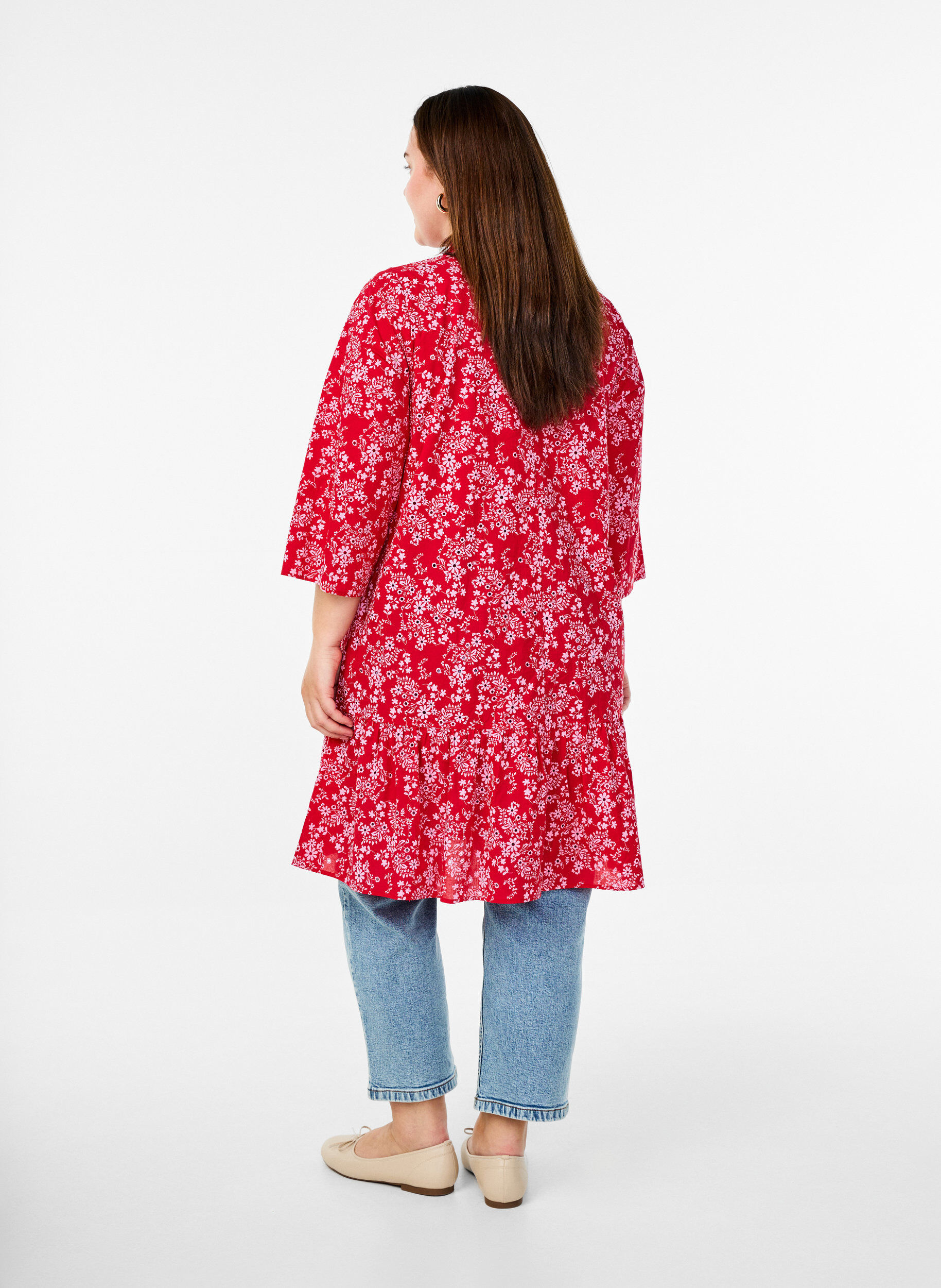 Zizzifashion Knee-length dress with floral print and 3/4 sleeves, Red, Model image number 2