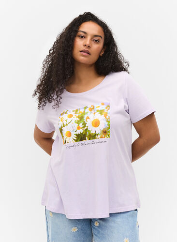 Cotton t-shirt with a-line cut and print, Thistle Fl. Picture, Model image number 0