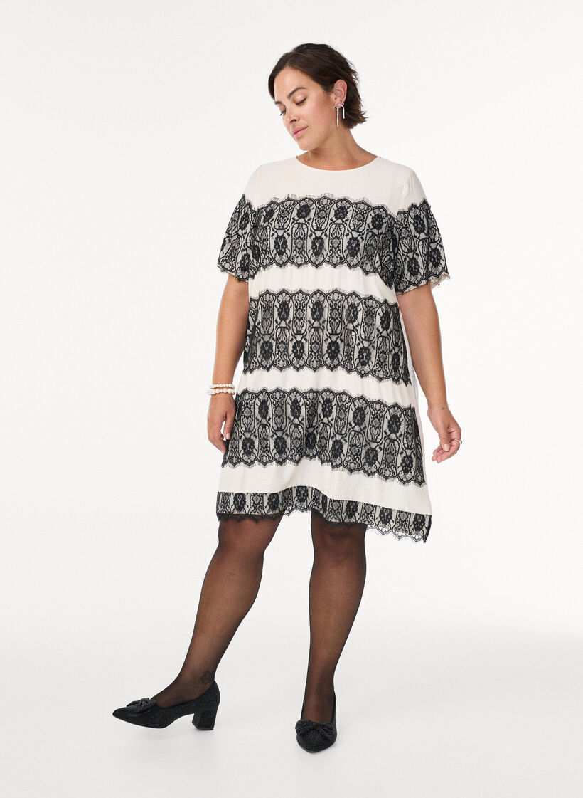 Short dress with contrasting lace panels, Beige, Model image number 1