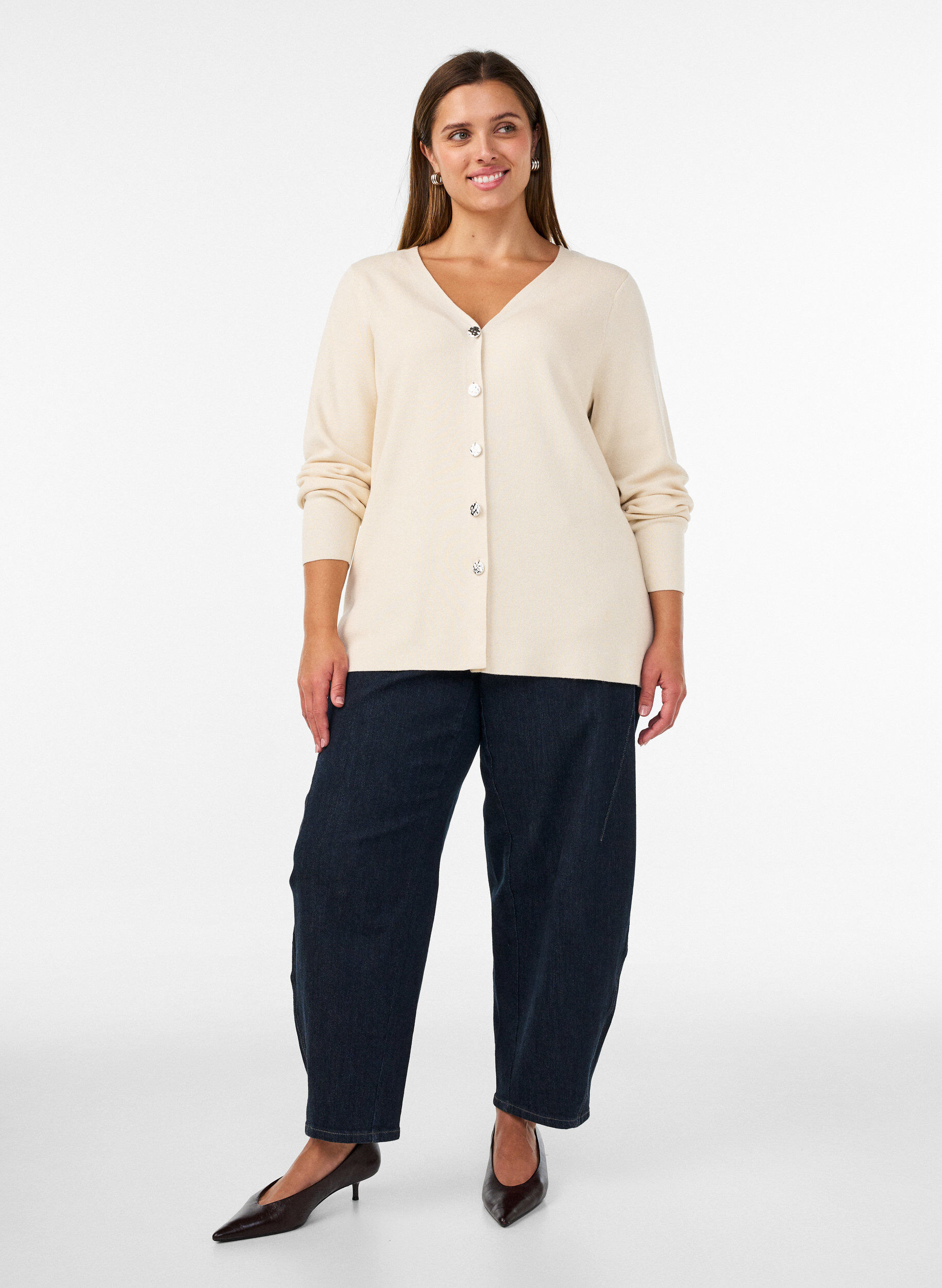 ZizzifashionFine-knit cardigan with decorative buttons, Vanilla, Model image number 1