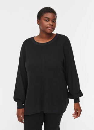 Plain knitted blouse with rib, Black, Model image number 0