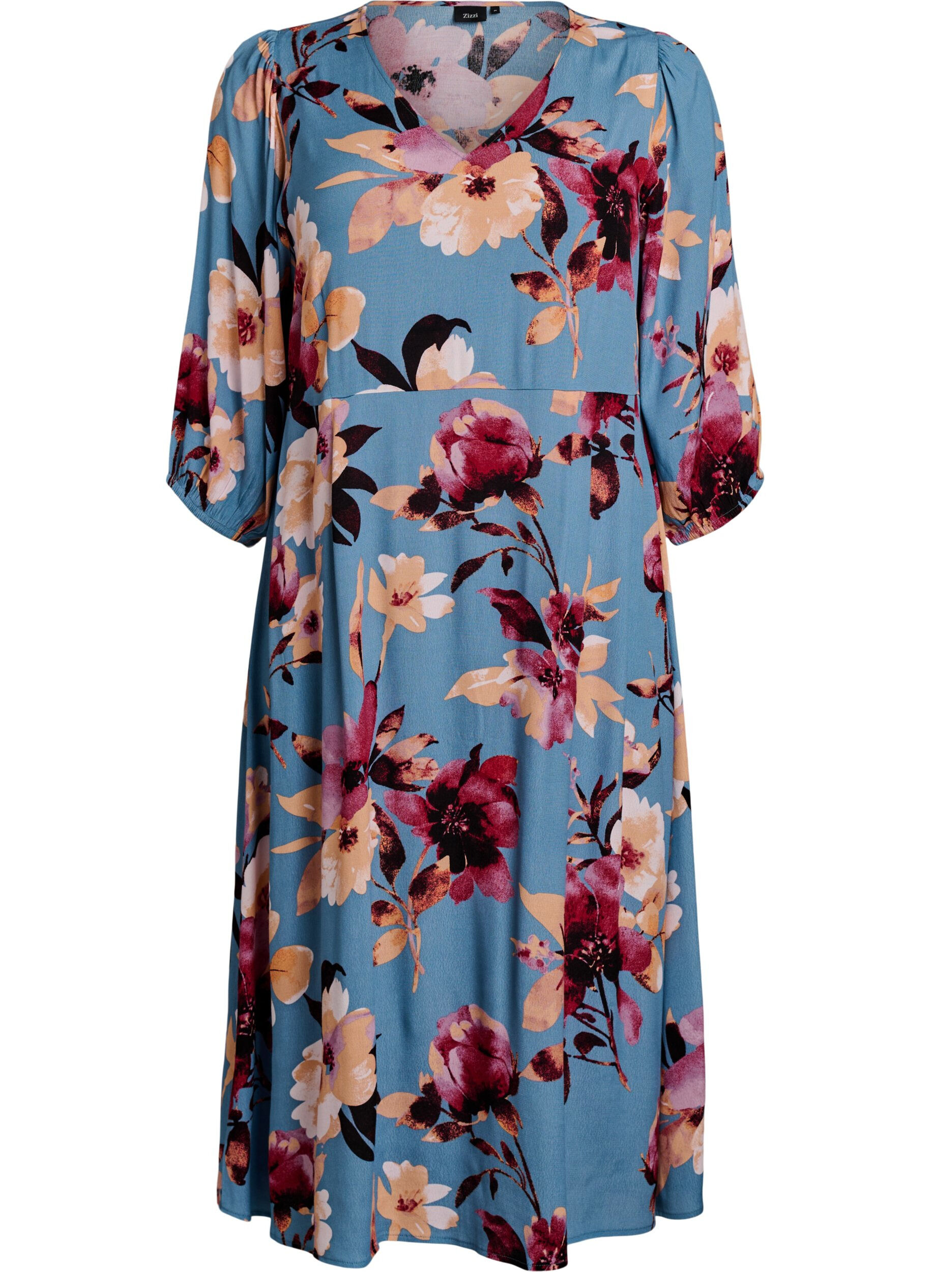 Midi dress with floral print and 3/4 sleeves