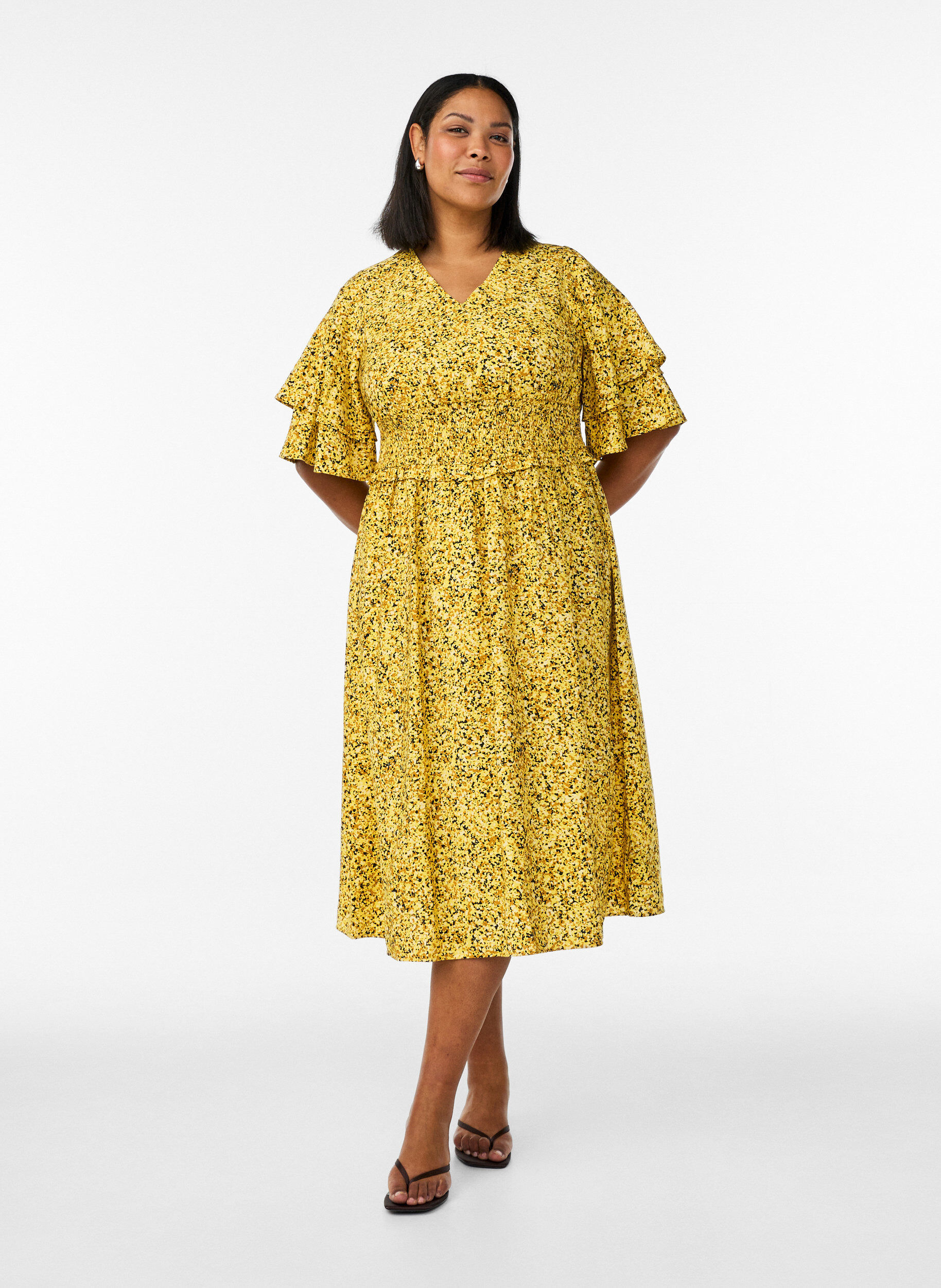 Zizzifashion Midi dress with smock and ruffle sleeves, Yellow, Model image number 1