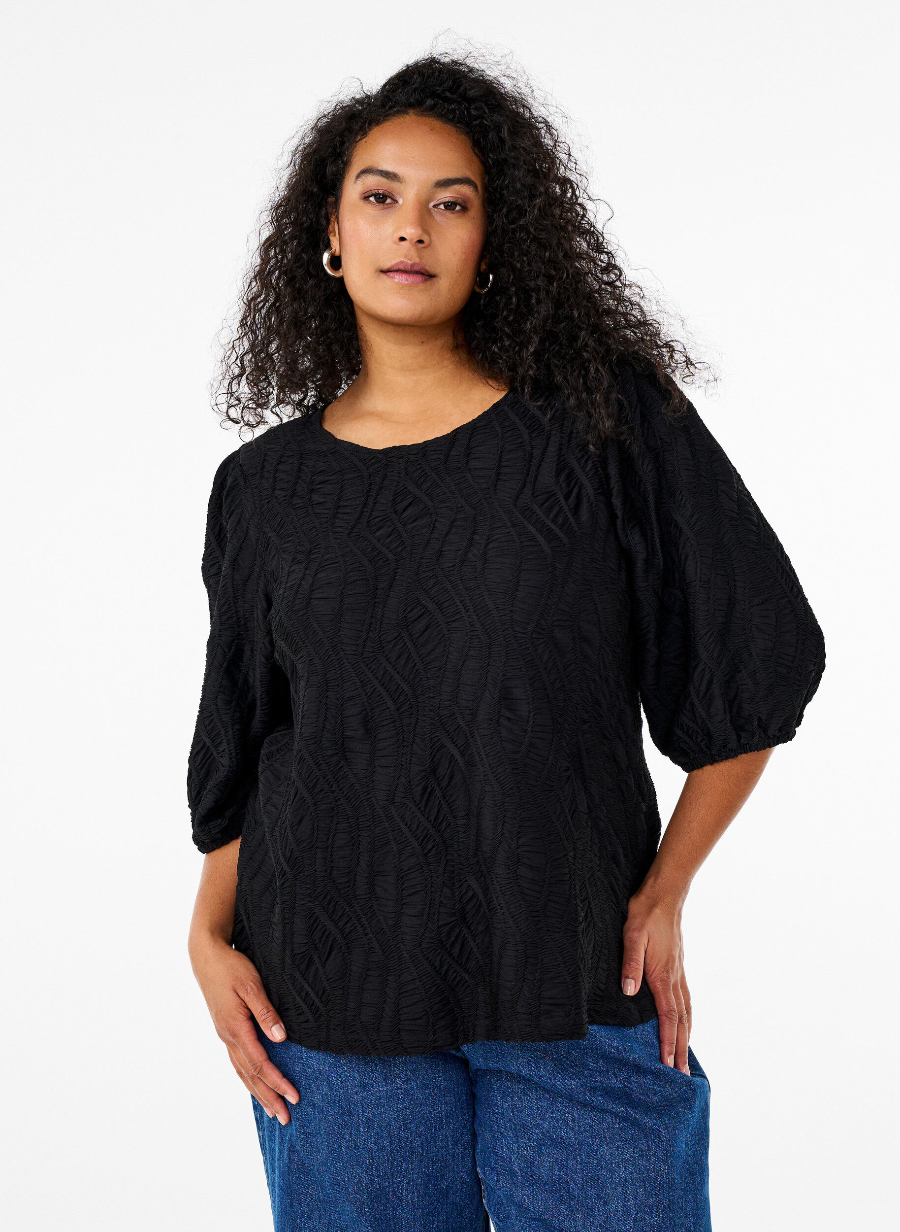 Zizzifashion Blouse with texture and 3/4 sleeves, Black, Model image number 0