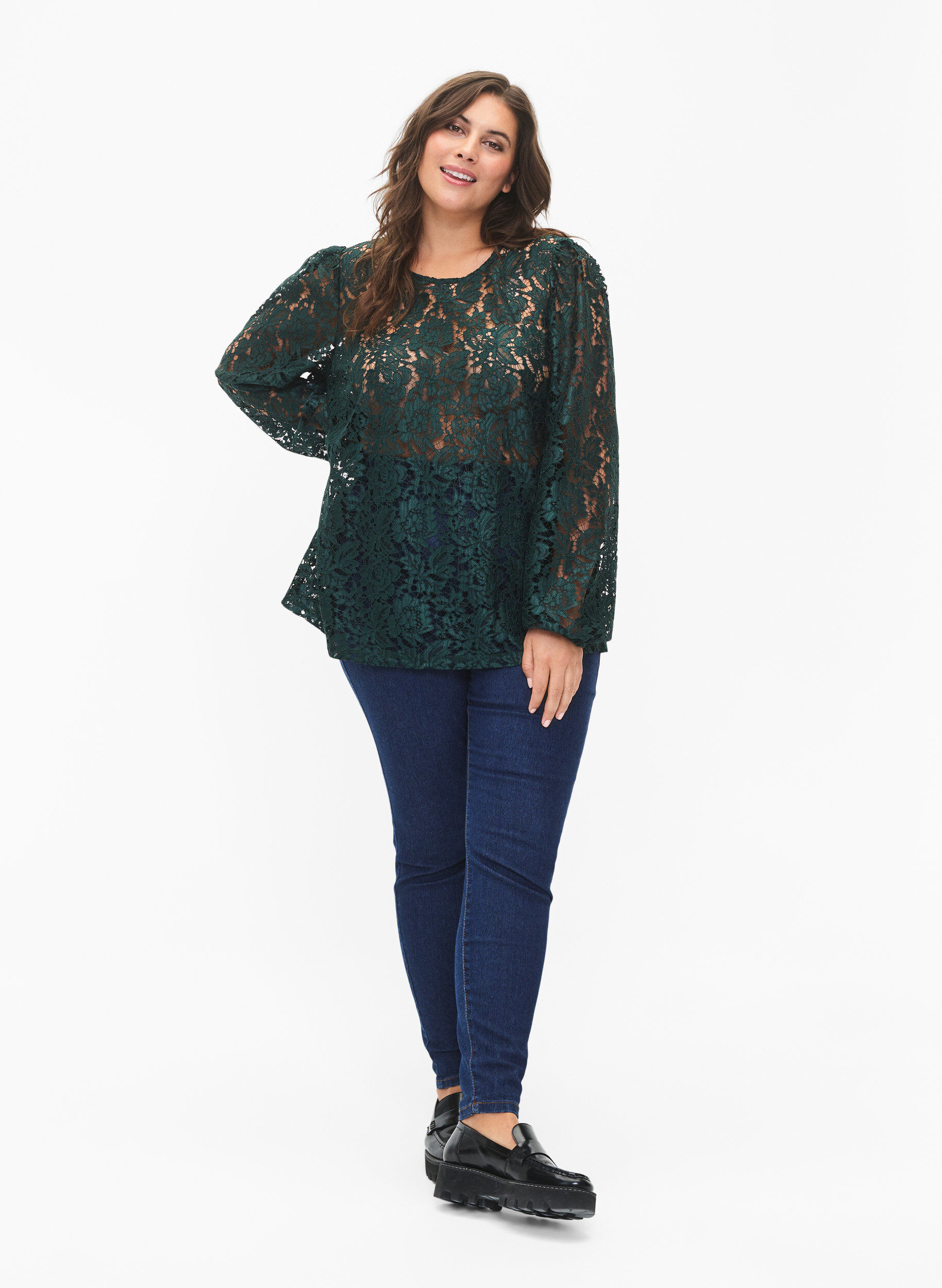 Zizzifashion FLASH - Long sleeve lace blouse, Scarab, Model image number 2