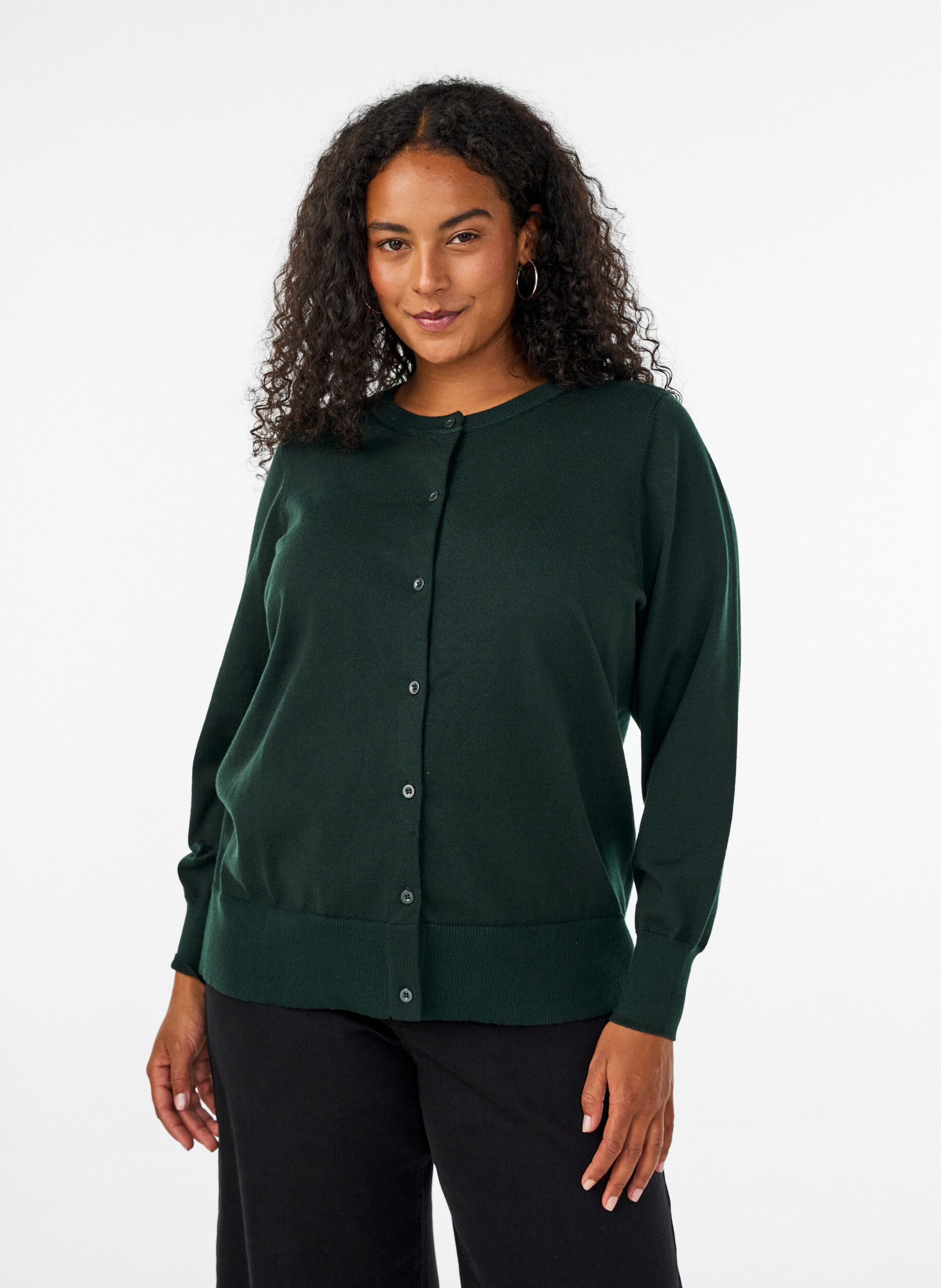 ZizzifashionFine-knit cardigan with a round neck, Green, Model image number 0