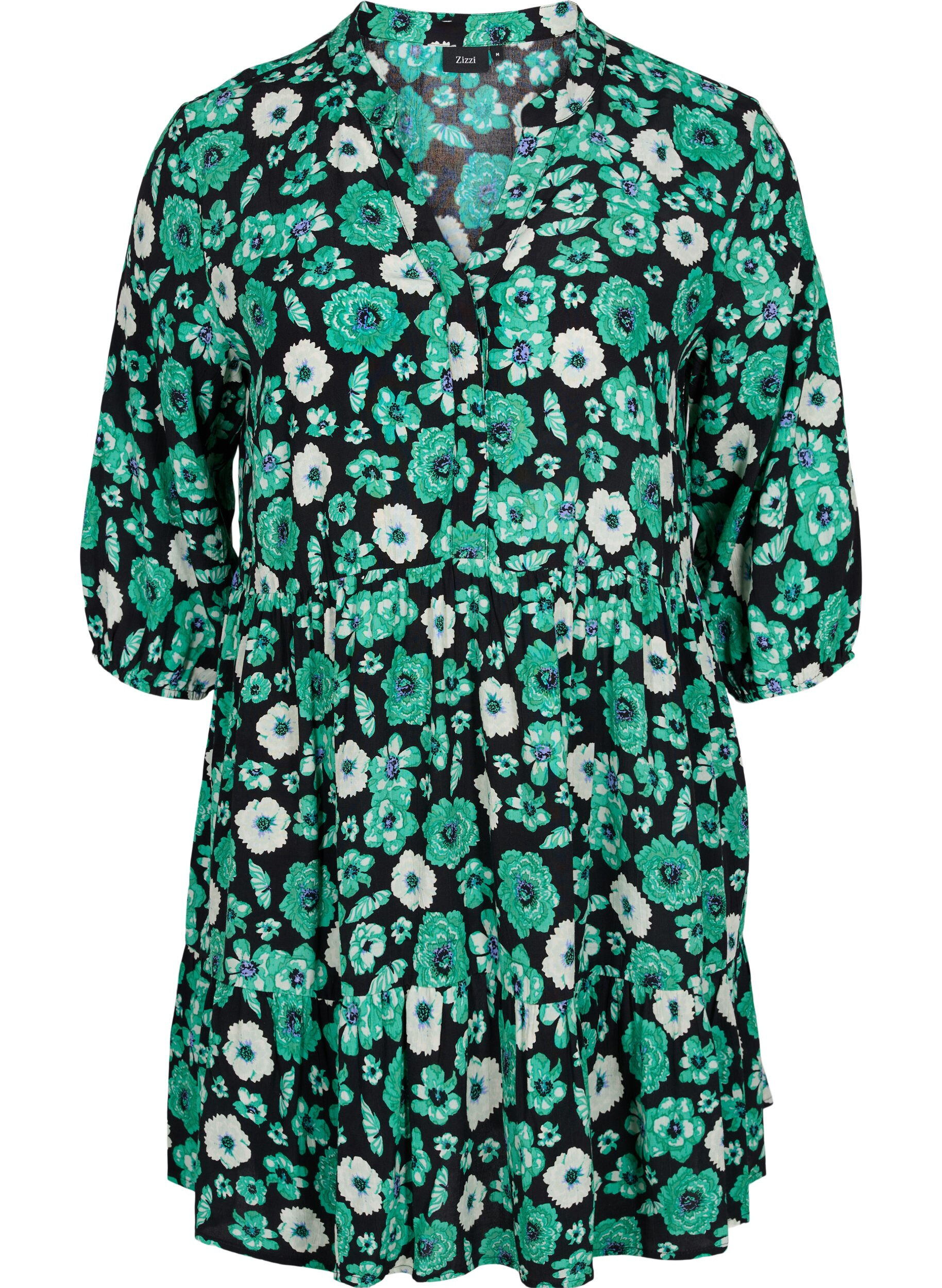 Zizzifashion 	 Floral tunic in viscose, Green Flower AOP, Packshot image number 0