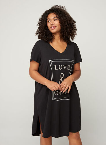 Short-sleeved cotton nightdress with print, Black, Model image number 0