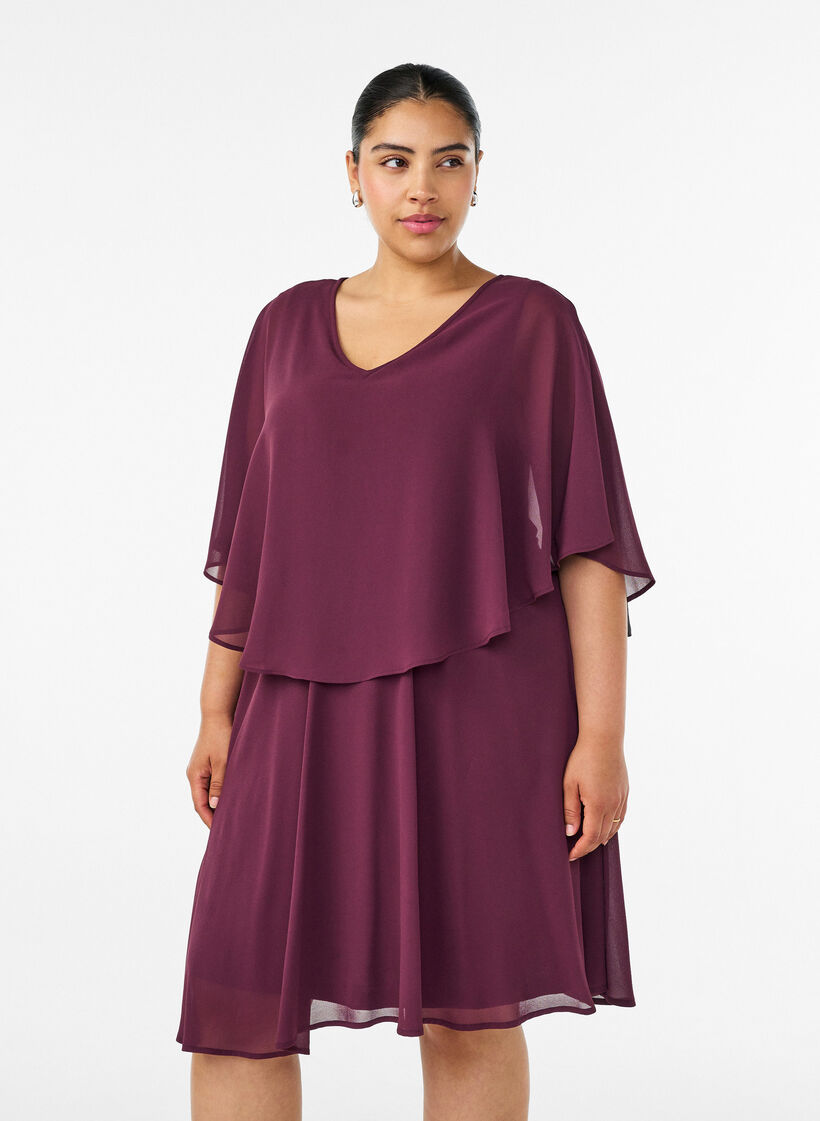 Short chiffon party dress with layered effect, Red, Model image number 0